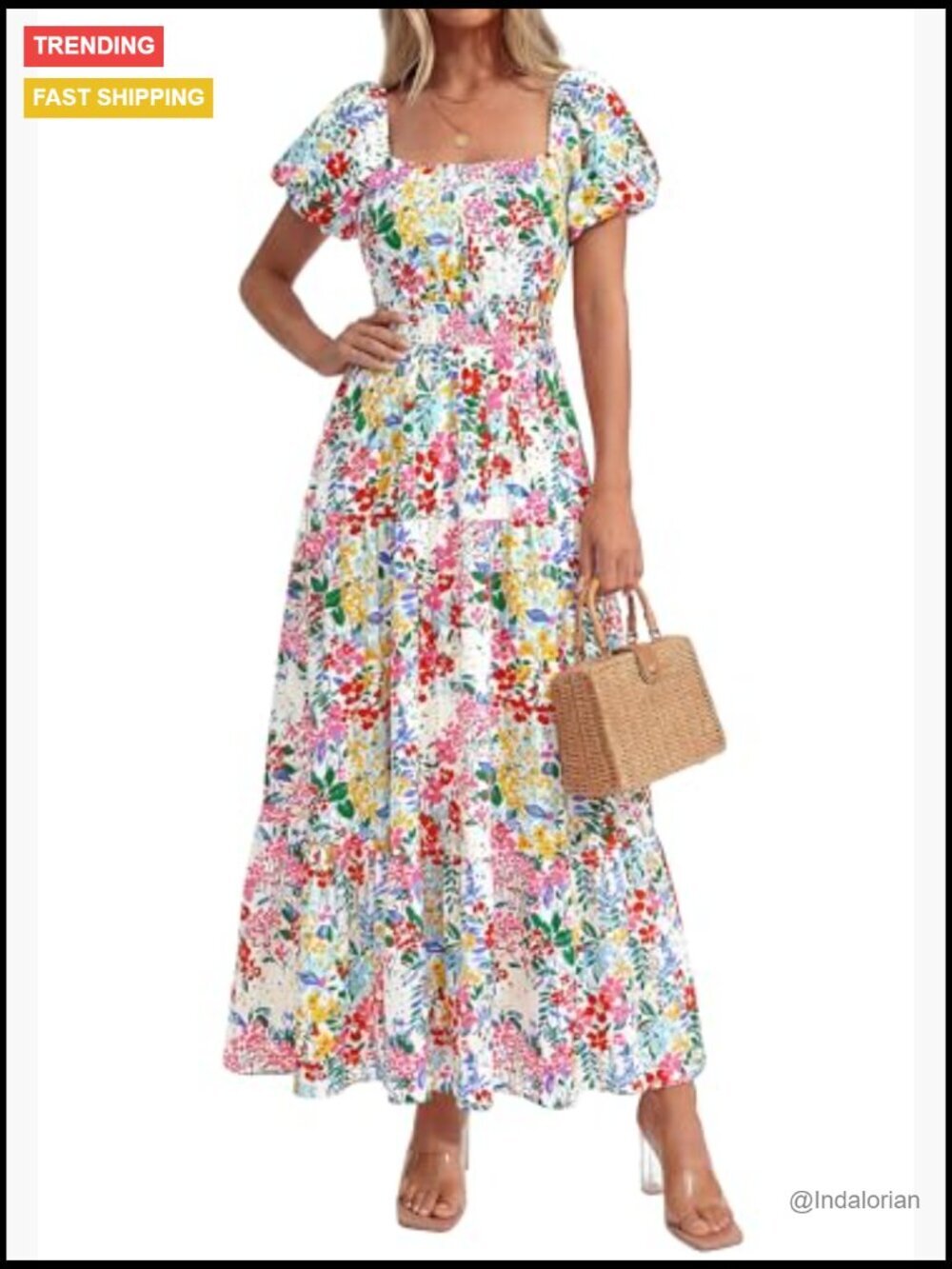 Polyester Maxi Dress with Puff Sleeves Square Neck Smocked Tiered Pockets - Picture 2 of 7